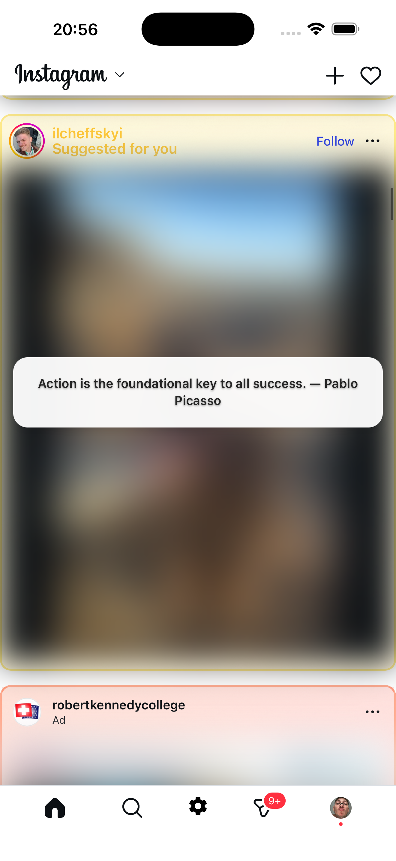 Zen Social feed with a quote overlay over blurred content