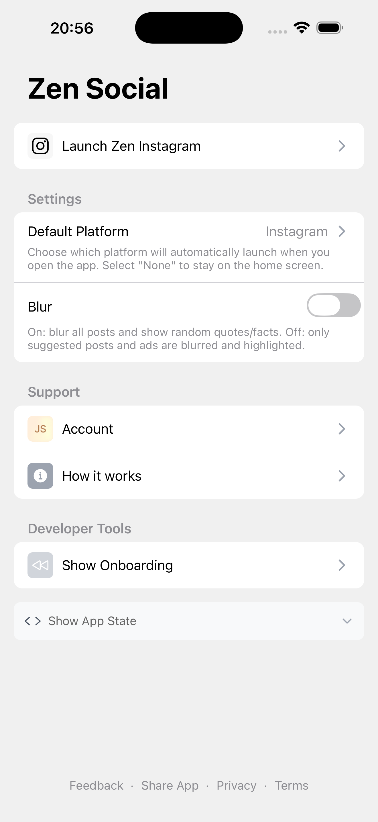 Zen Social settings and configuration screen